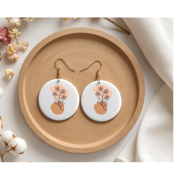 Elegant Floral Earrings in White and Orange - Picture 2 of 2